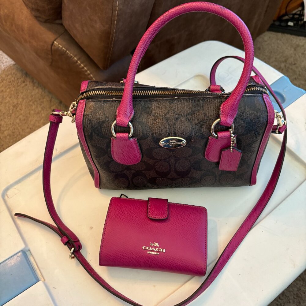 Coach Pink and Brown Satchel Bag with Wallet